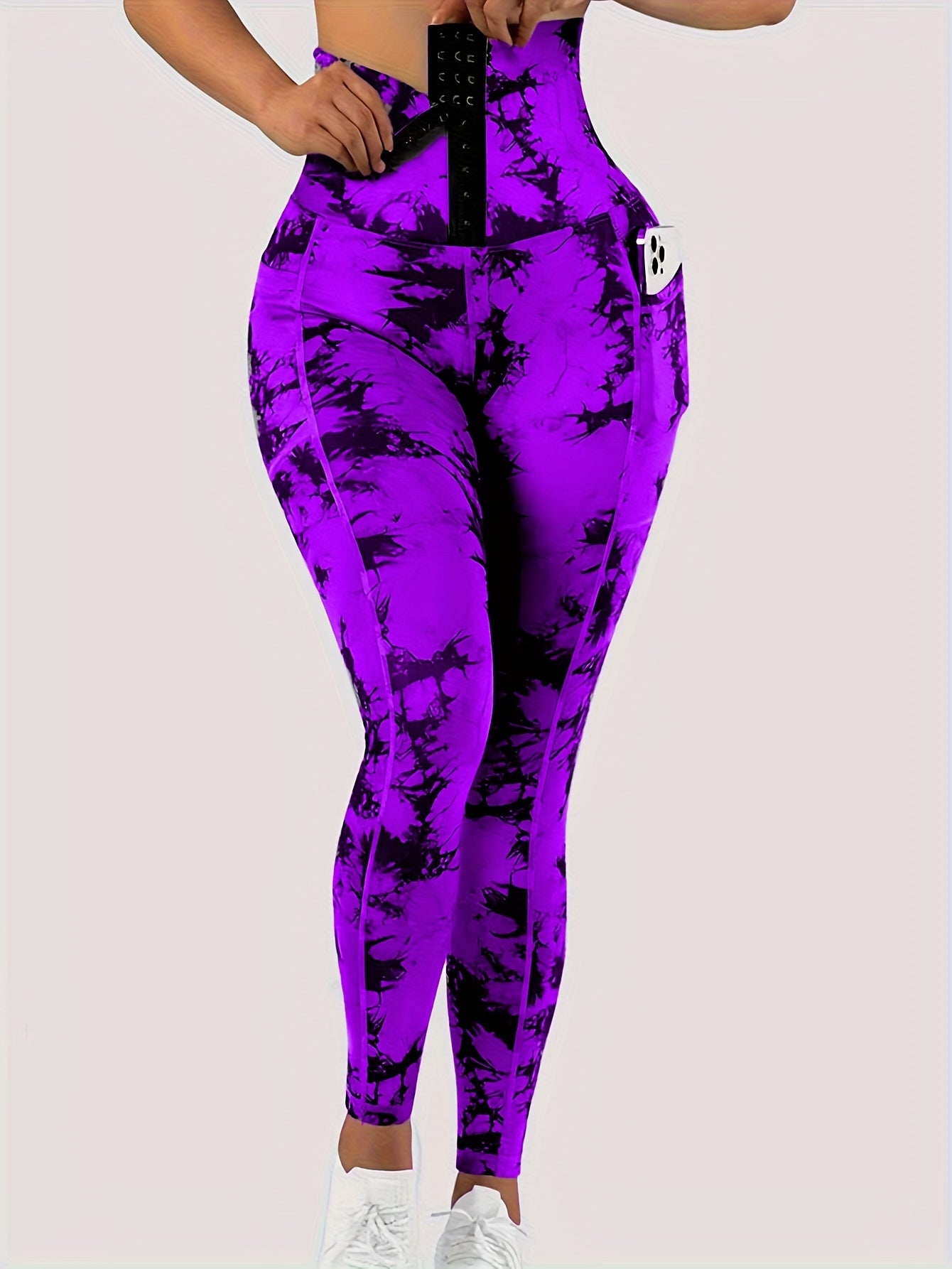 Women'S High-Waist Tie-Dye Leggings with Front Button Closure & Pockets, Hugging Tights, Stretchy Leggings for Women