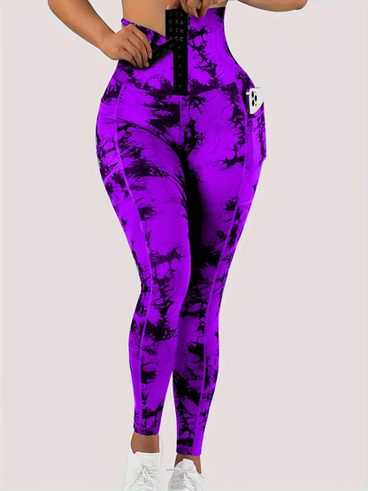 Women'S High-Waist Tie-Dye Leggings with Front Button Closure & Pockets, Hugging Tights, Stretchy Leggings for Women
