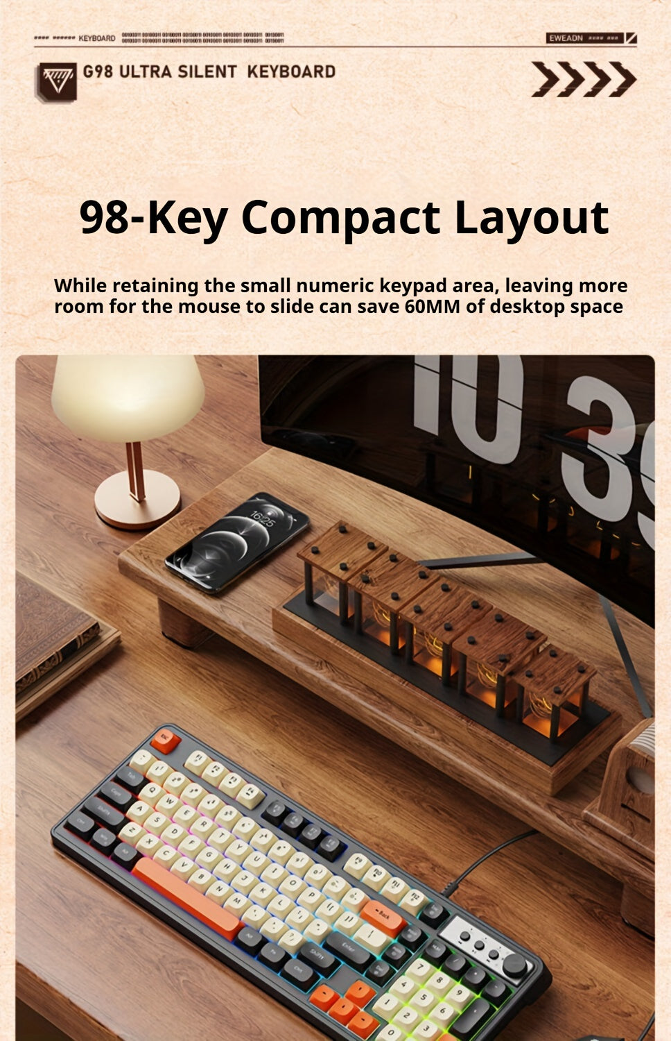 Wired Gaming Keyboard with Rainbow Backlit, Portable Black Keyboard for-98 Keys