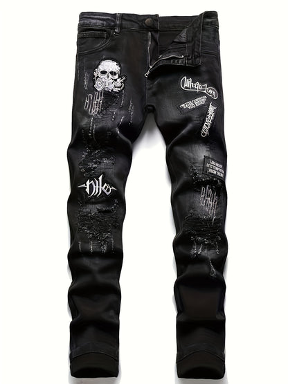 Medium Stretch Men's Patchwork Jeans, Casual Street Style Denim Pants