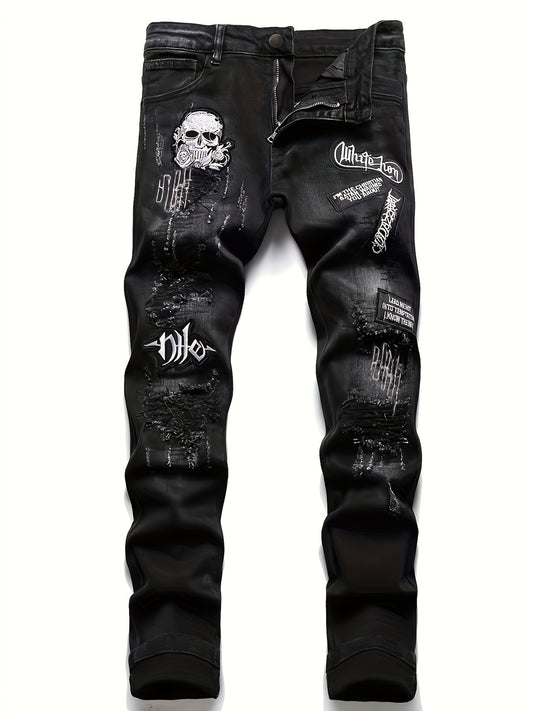 Medium Stretch Men's Patchwork Jeans, Casual Street Style Denim Pants