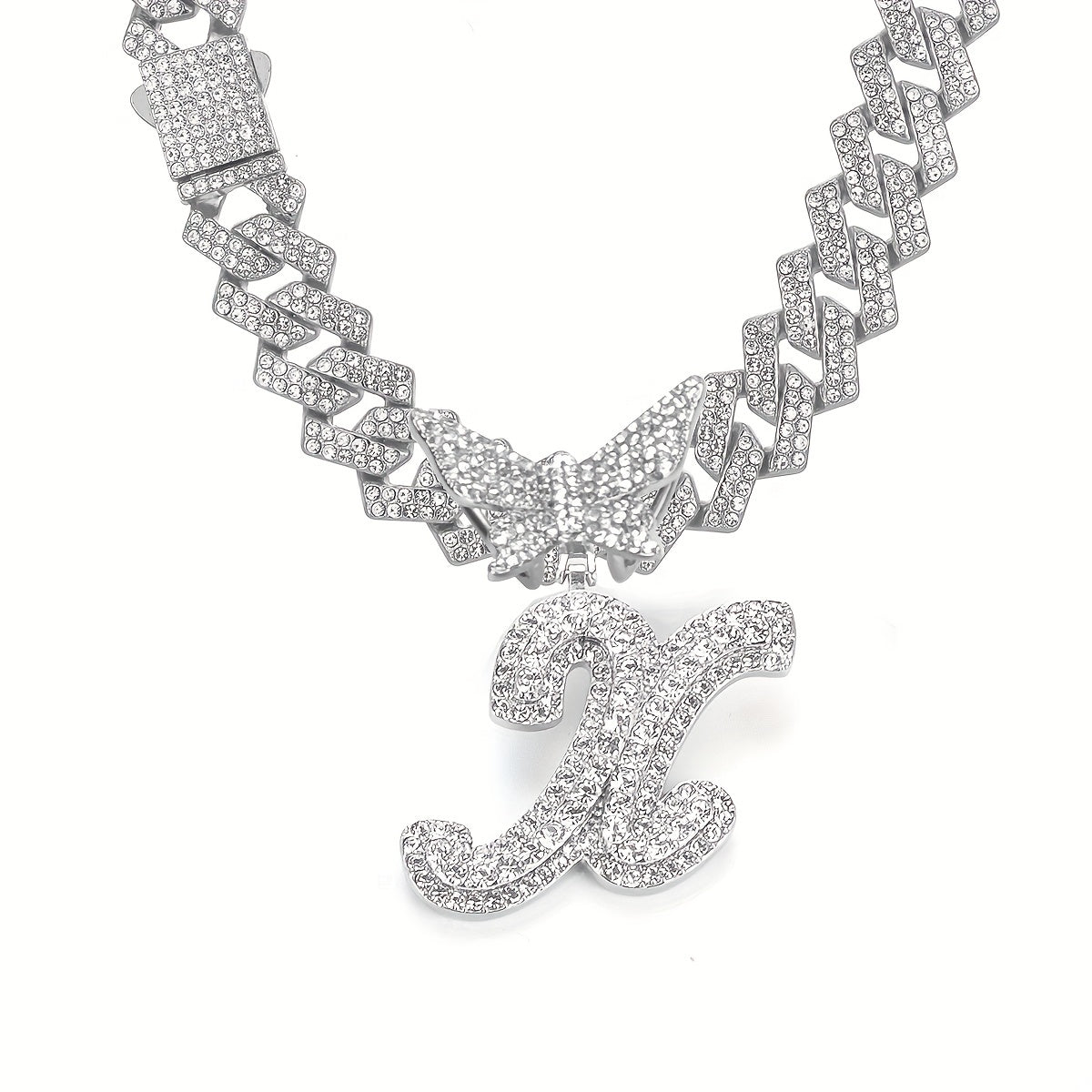 Initial Butterfly Pendant Cuban Link Chain Necklace Iced Out Rhinestone Chain Initial Letter Name Necklace