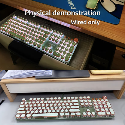 Typewriter Mechanical Gaming Keyboard, All-Metal Panel 104Keys Wired Retro Round Keycaps with LED Backlit USB Wired