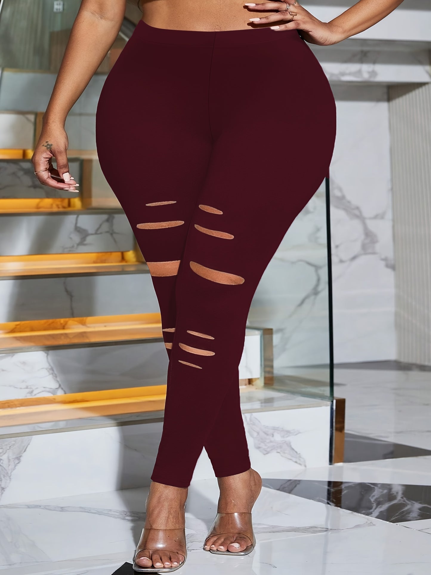 Plus Size Solid Color High Waist Leggings, High Stretch Skinny Ripped Leggings