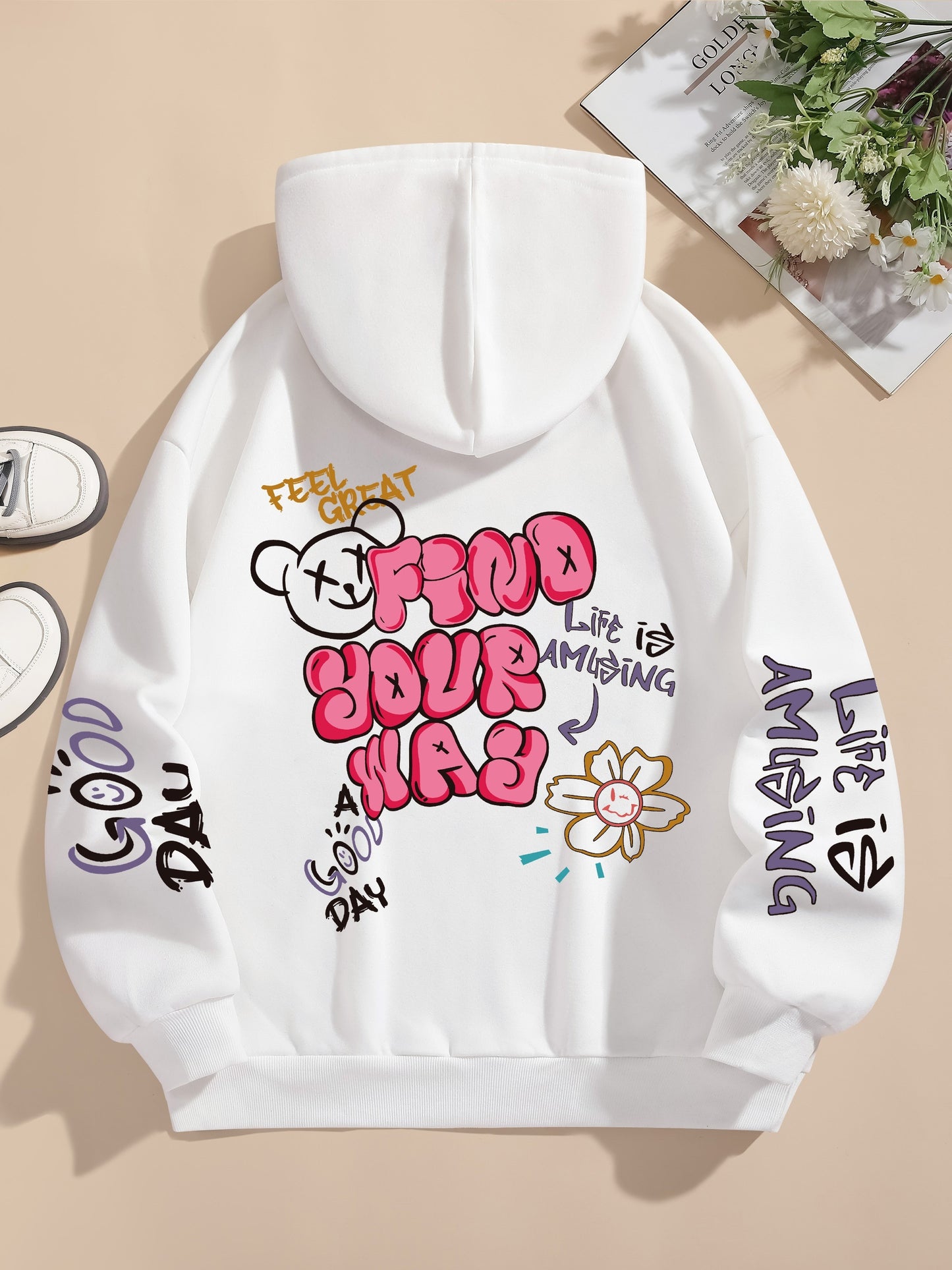 Graphic Vintage Hoodie - Soft Elasticity Polyester Drawstring Hooded Sweatshirt