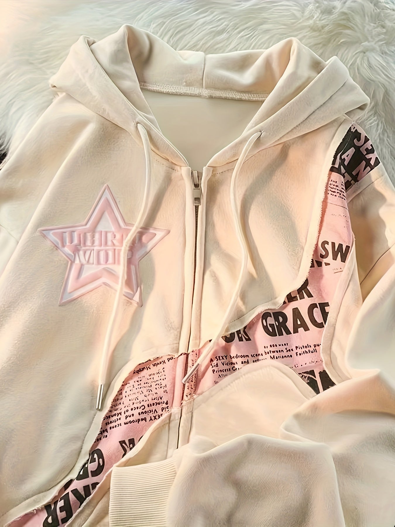 Y2K-Inspired Star & Letter Print Hoodie -  Long Sleeve Zip-Up Jacket for Women, Loose Fit with Asymmetrical Hem, Machine Washable