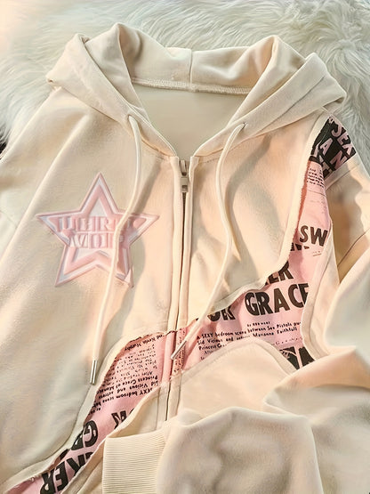 Y2K-Inspired Star & Letter Print Hoodie -  Long Sleeve Zip-Up Jacket for Women, Loose Fit with Asymmetrical Hem, Machine Washable