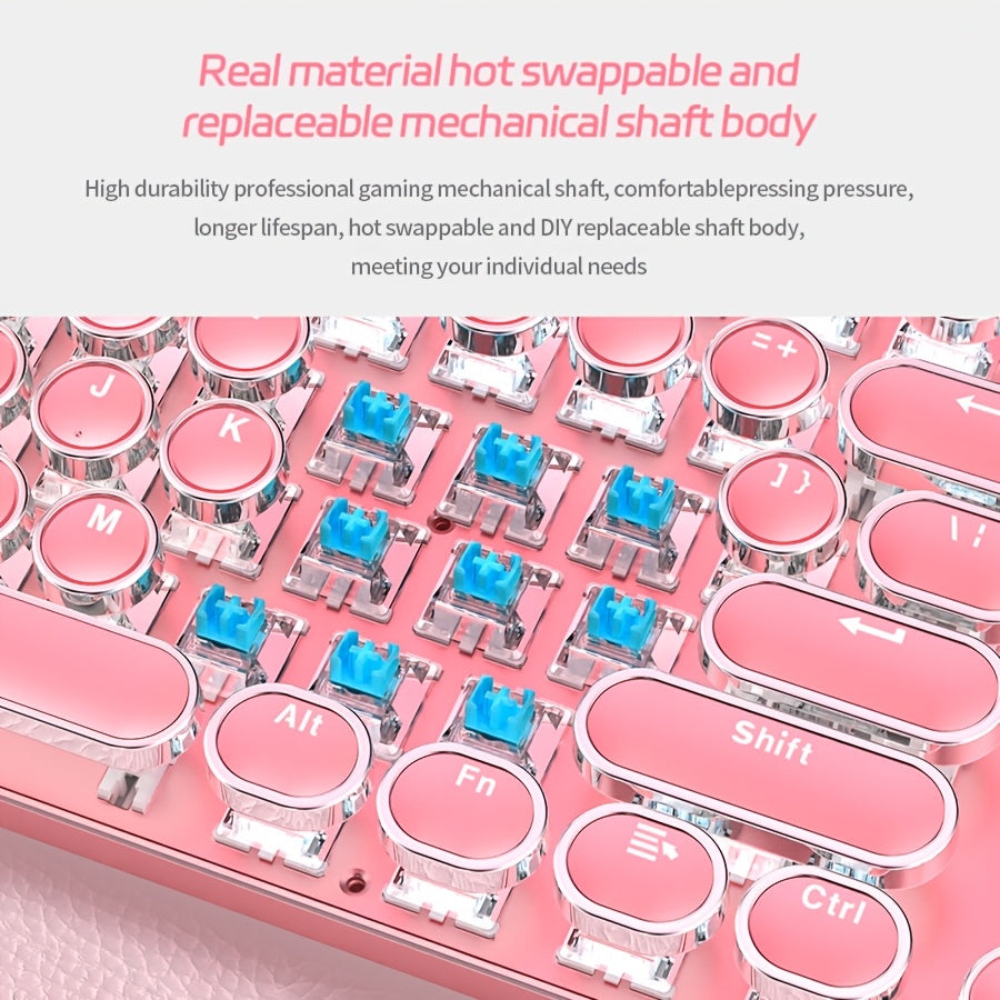 Pink Mechanical Keyboard with Blue Switches - Retro Keycaps, Backlit, USB-Powered for Gaming, Durable Design, No Battery Needed, Gaming Keyboard