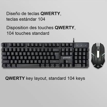 Rainbow Backlit Wired Gaming Keyboard and Mouse Set, 19-Key Rollover, Adjustable Brightness, 2 Lighting Modes, Ergonomic Design, Hotkeys, Media Keys, USB Powered, No Battery