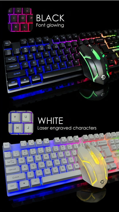 Rainbow Backlit Wired Gaming Keyboard and Mouse Set, 19-Key Rollover, Adjustable Brightness, 2 Lighting Modes, Ergonomic Design, Hotkeys, Media Keys, USB Powered, No Battery