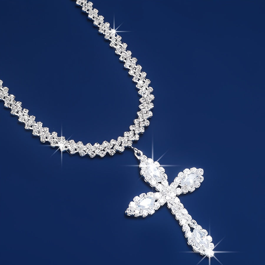 Luxury Sparkle Full Of Rhinestones Cross Pendant Necklace Silver Color Religious Neck Jewelry Gift