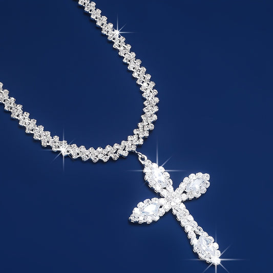 Luxury Sparkle Full Of Rhinestones Cross Pendant Necklace Silver Color Religious Neck Jewelry Gift