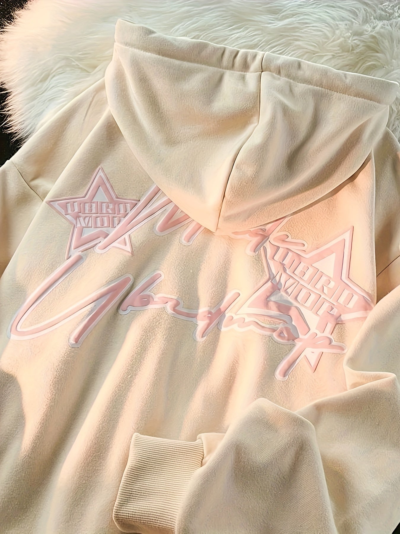 Y2K-Inspired Star & Letter Print Hoodie -  Long Sleeve Zip-Up Jacket for Women, Loose Fit with Asymmetrical Hem, Machine Washable