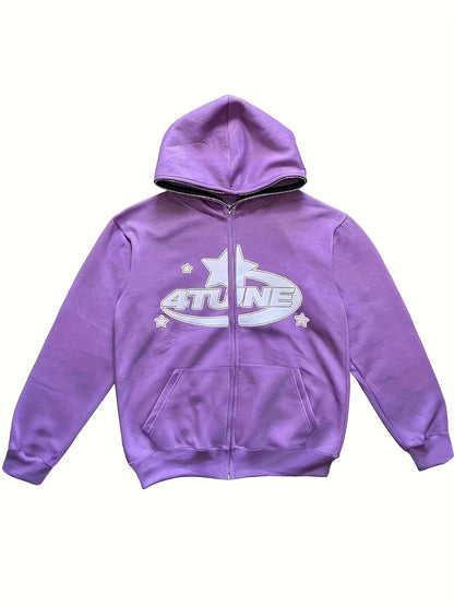 Y2K Letter & Star Print Sweatshirt, Long Sleeve Crew Neck Zip Up Hoodies Sweatshirts, Women's Clothing