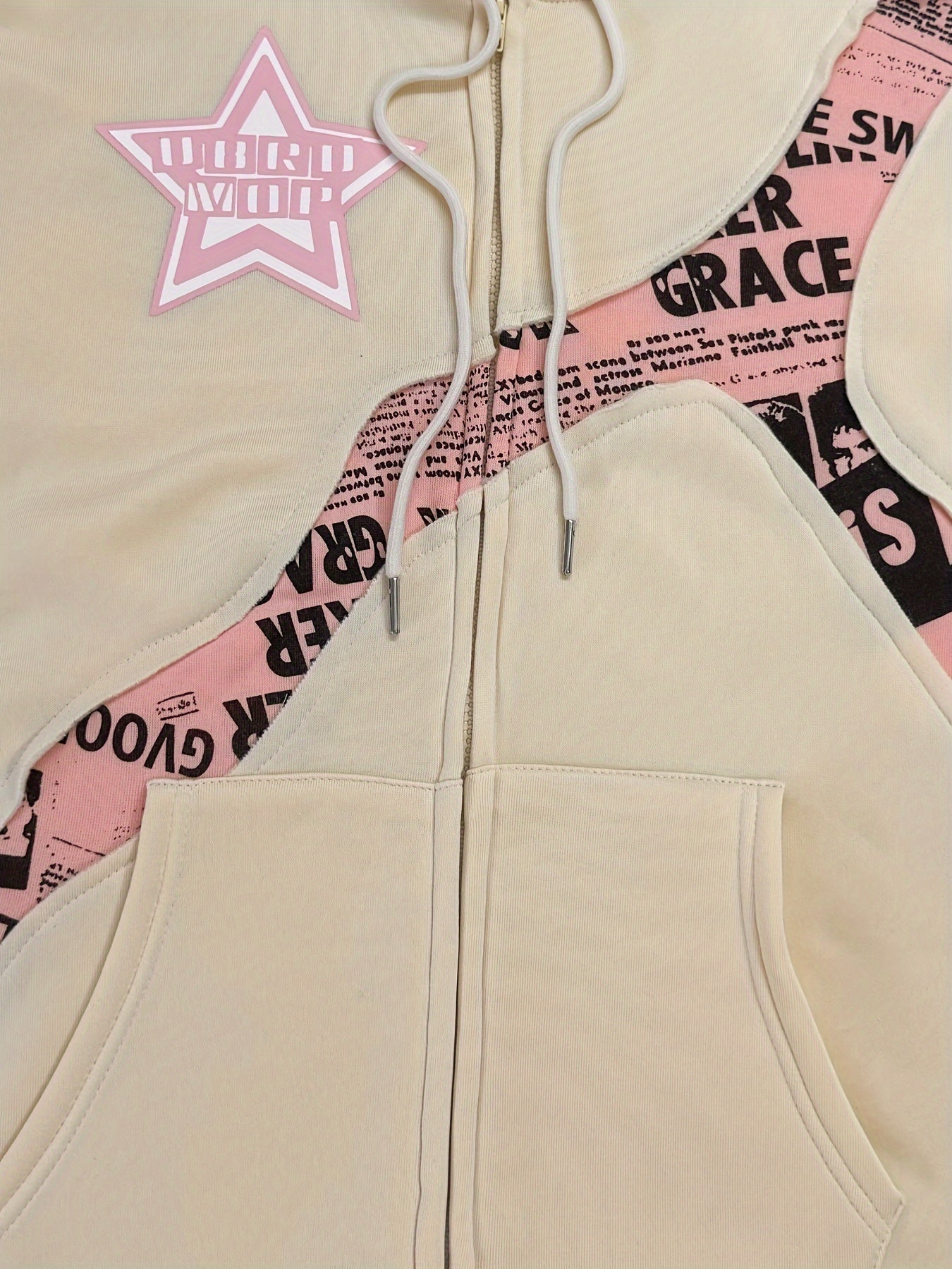Y2K-Inspired Star & Letter Print Hoodie -  Long Sleeve Zip-Up Jacket for Women, Loose Fit with Asymmetrical Hem, Machine Washable