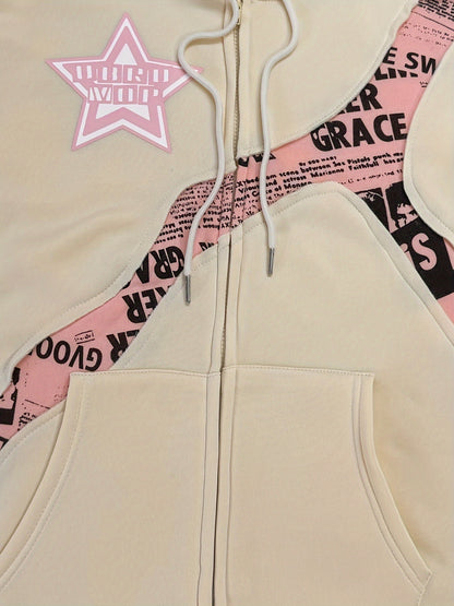 Y2K-Inspired Star & Letter Print Hoodie -  Long Sleeve Zip-Up Jacket for Women, Loose Fit with Asymmetrical Hem, Machine Washable