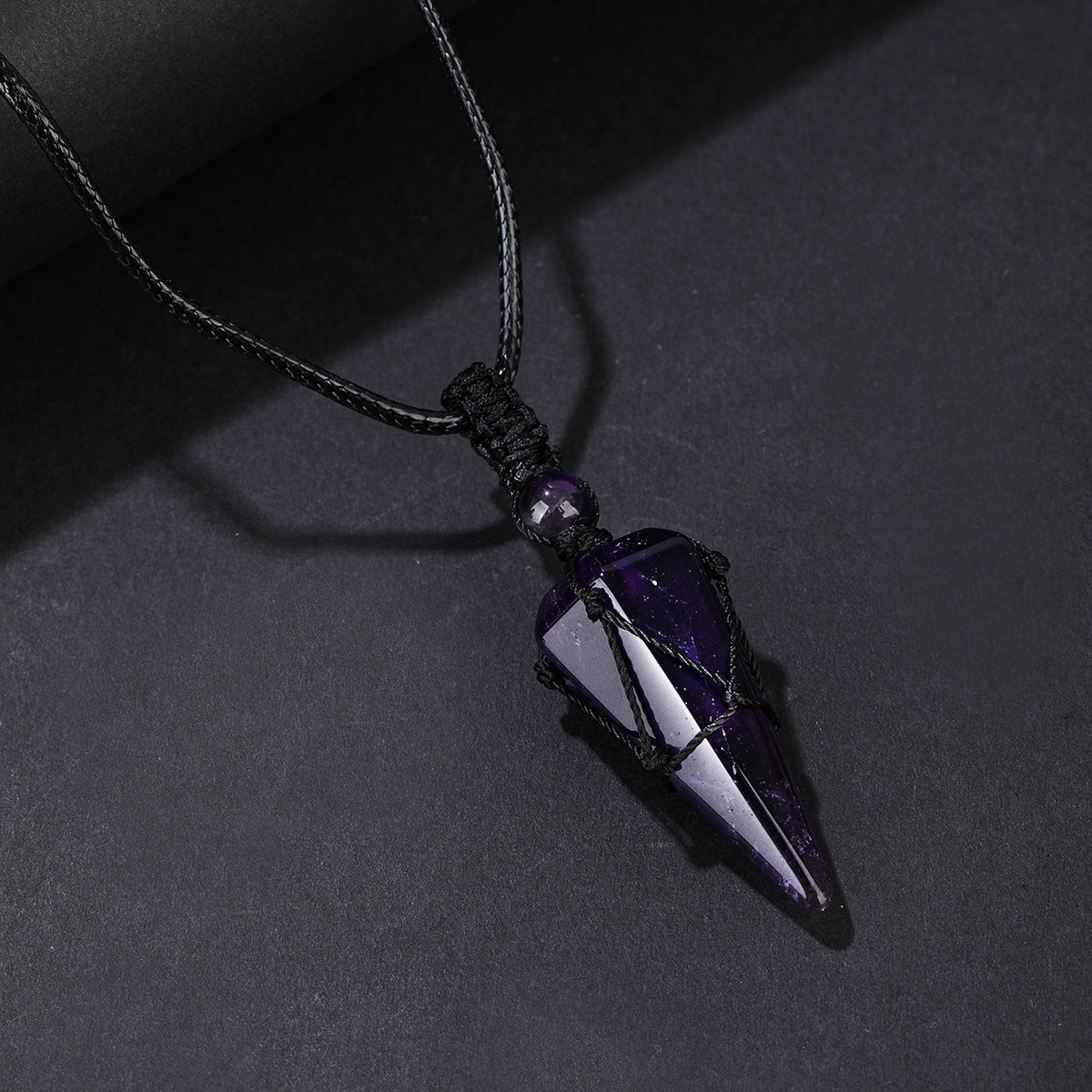 Stylish Men's Natural Amethyst Crystal Hexagonal Cone Pendant Necklace with Braided Rope