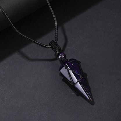 Stylish Men's Natural Amethyst Crystal Hexagonal Cone Pendant Necklace with Braided Rope