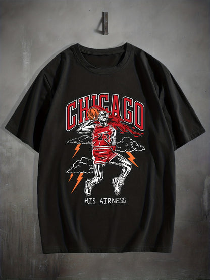 Stylish Basketball Player Pattern Men's Comfy CHICAGO T-shirt, Graphic Tee Men's