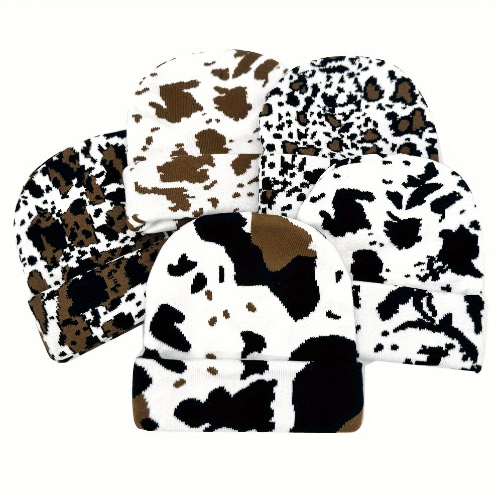 1pc Winter Cow Print  Beanie , Thicken Warm Skullies