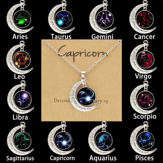 Glow-in-the-Dark Zodiac Necklace with Vintage Moon Pendant - Stylish Aquarius/Sagittarius/Leo/Leprechaun/Night & Sun Signs, Colorful Glass Charms, Zinc Alloy,