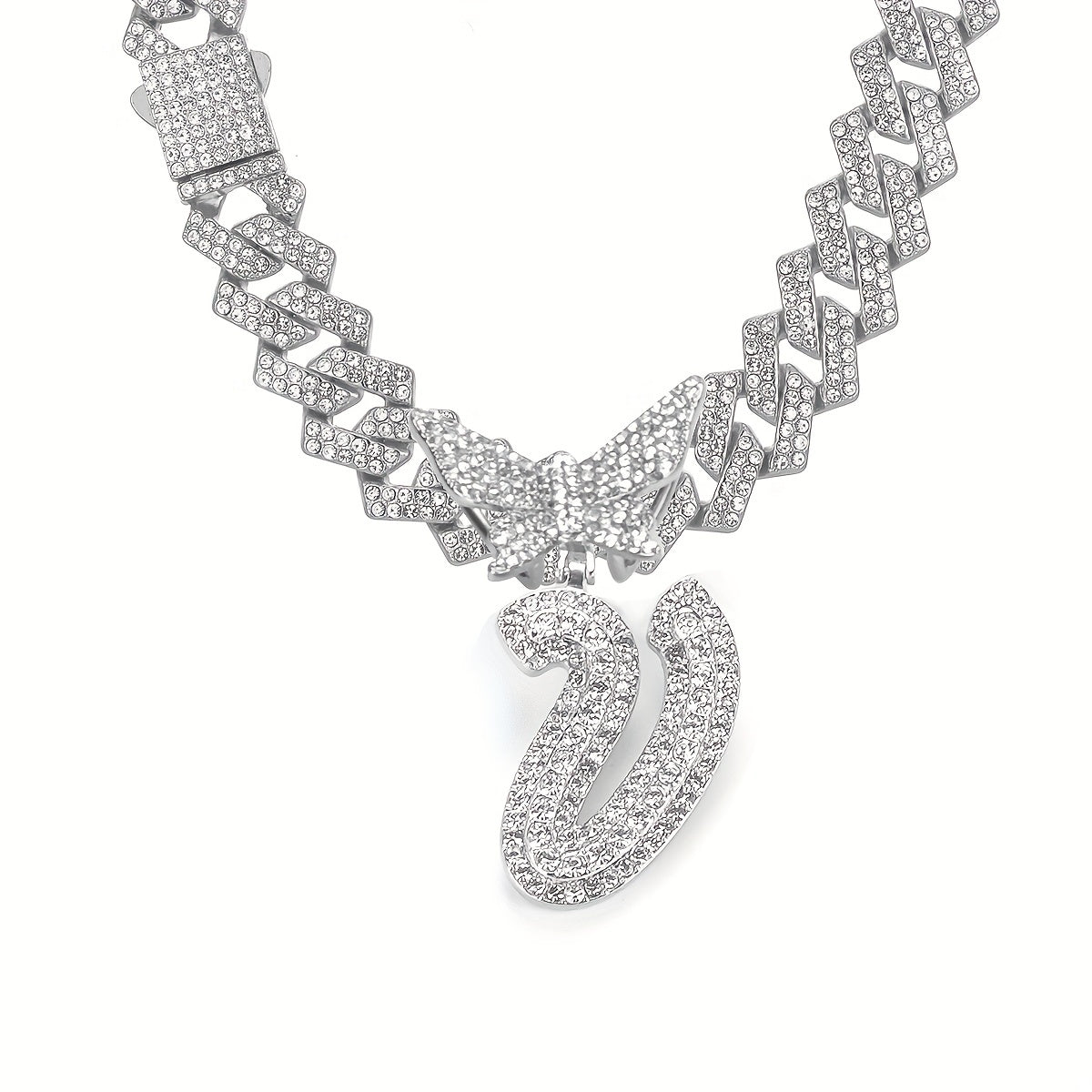 Initial Butterfly Pendant Cuban Link Chain Necklace Iced Out Rhinestone Chain Initial Letter Name Necklace