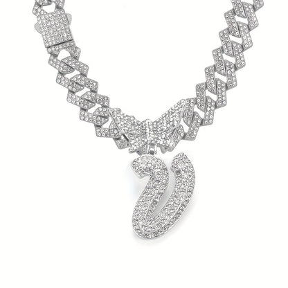 Initial Butterfly Pendant Cuban Link Chain Necklace Iced Out Rhinestone Chain Initial Letter Name Necklace