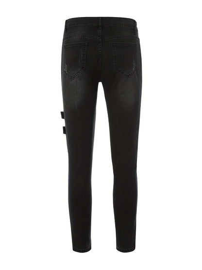 Stretchy Slim Fit Ripped Biker Jeans - Soft, Breathable, Distressed Denim Pants with Elastic Waistband for Men's Casual Street Style Fashion - Perfect for Spring and Fall Seasons