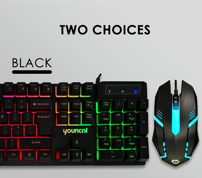 Rainbow Backlit Wired Gaming Keyboard and Mouse Set, 19-Key Rollover, Adjustable Brightness, 2 Lighting Modes, Ergonomic Design, Hotkeys, Media Keys, USB Powered, No Battery