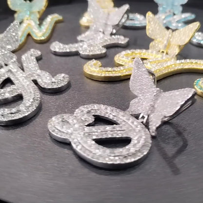 Initial Butterfly Pendant Cuban Link Chain Necklace Iced Out Rhinestone Chain Initial Letter Name Necklace