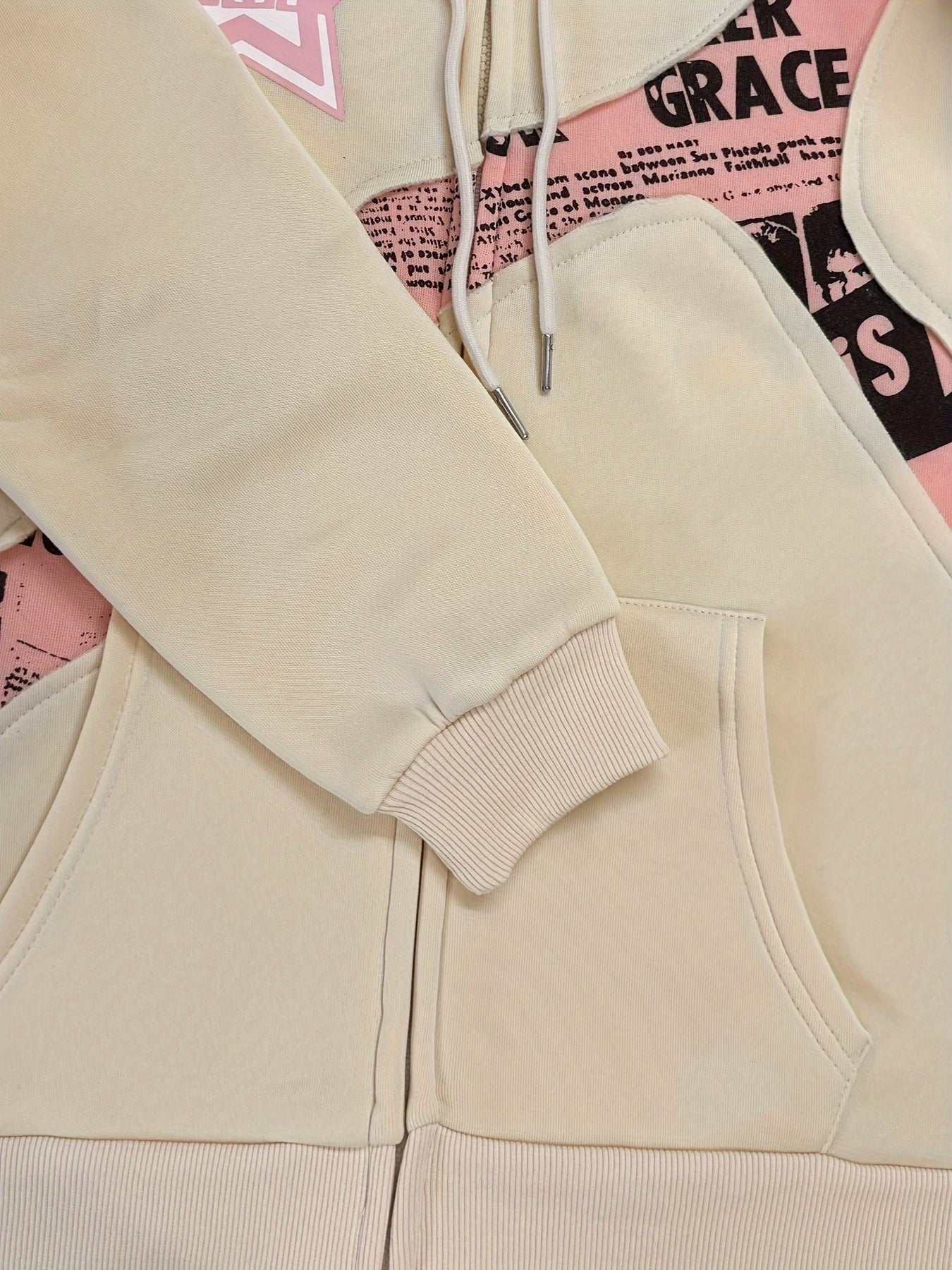 Y2K-Inspired Star & Letter Print Hoodie -  Long Sleeve Zip-Up Jacket for Women, Loose Fit with Asymmetrical Hem, Machine Washable