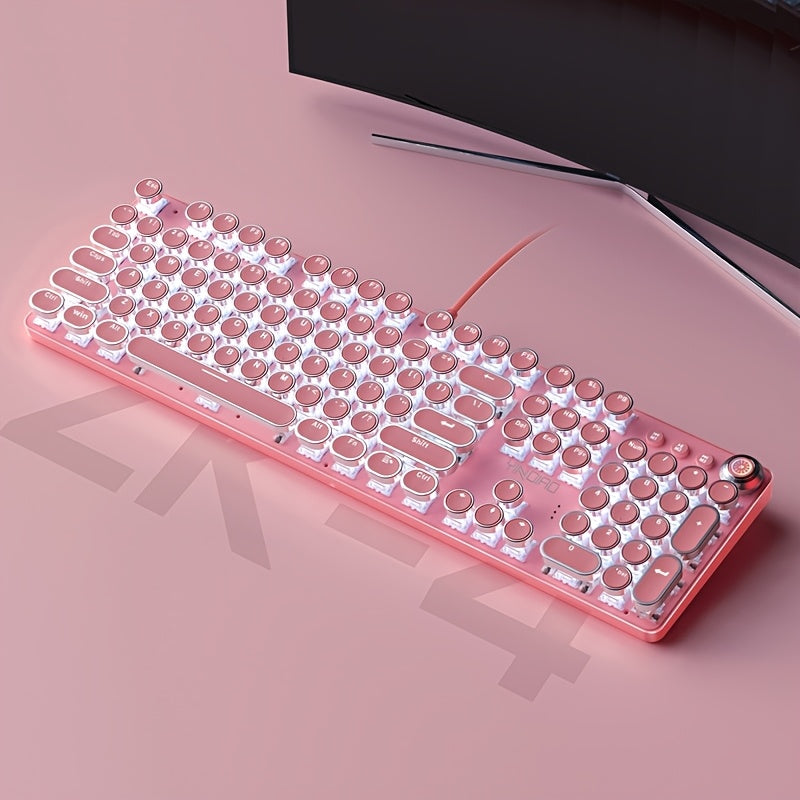 Pink Mechanical Keyboard with Blue Switches - Retro Keycaps, Backlit, USB-Powered for Gaming, Durable Design, No Battery Needed, Gaming Keyboard