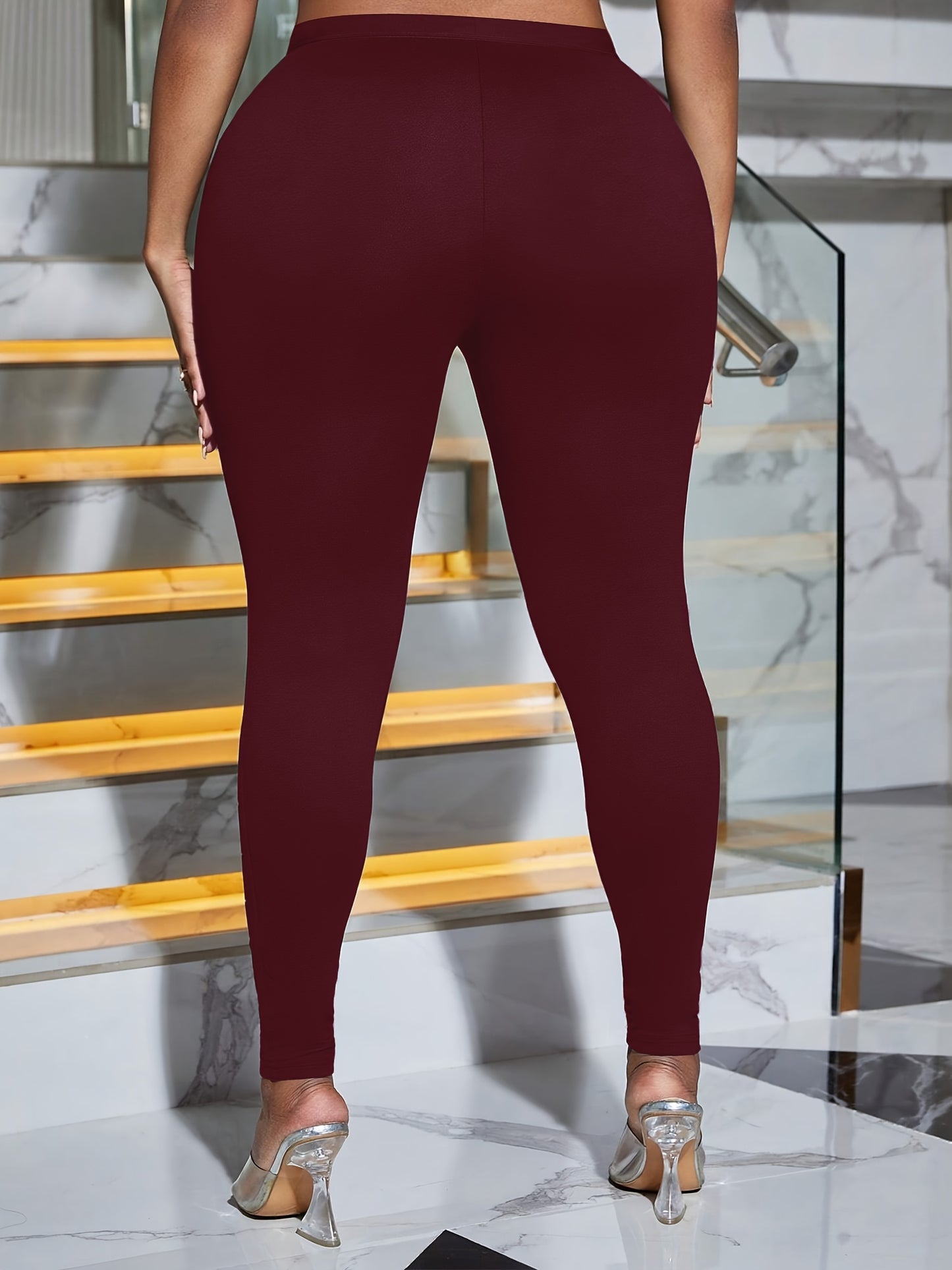 Plus Size Solid Color High Waist Leggings, High Stretch Skinny Ripped Leggings