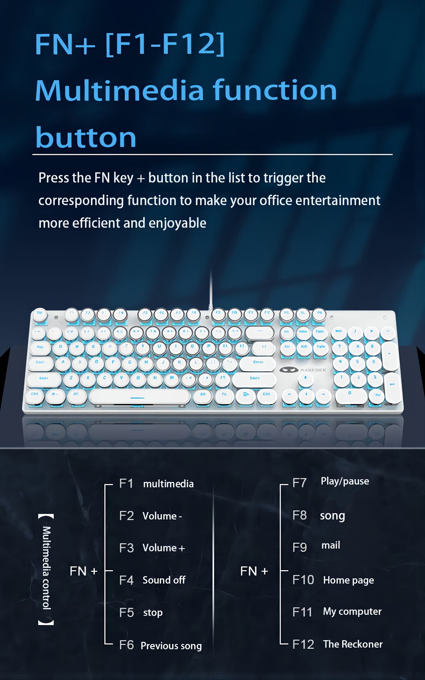 Mechanical Gaming Keyboard with Blue Switches - Round LED Backlit Keycaps, Wired USB Connectivity for Enhanced Gaming