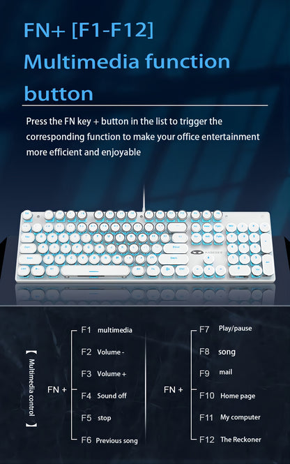 Mechanical Gaming Keyboard with Blue Switches - Round LED Backlit Keycaps, Wired USB Connectivity for Enhanced Gaming