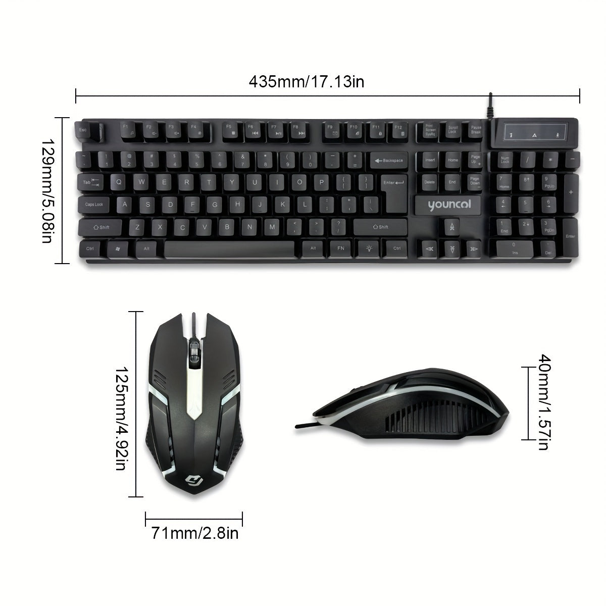 Rainbow Backlit Wired Gaming Keyboard and Mouse Set, 19-Key Rollover, Adjustable Brightness, 2 Lighting Modes, Ergonomic Design, Hotkeys, Media Keys, USB Powered, No Battery