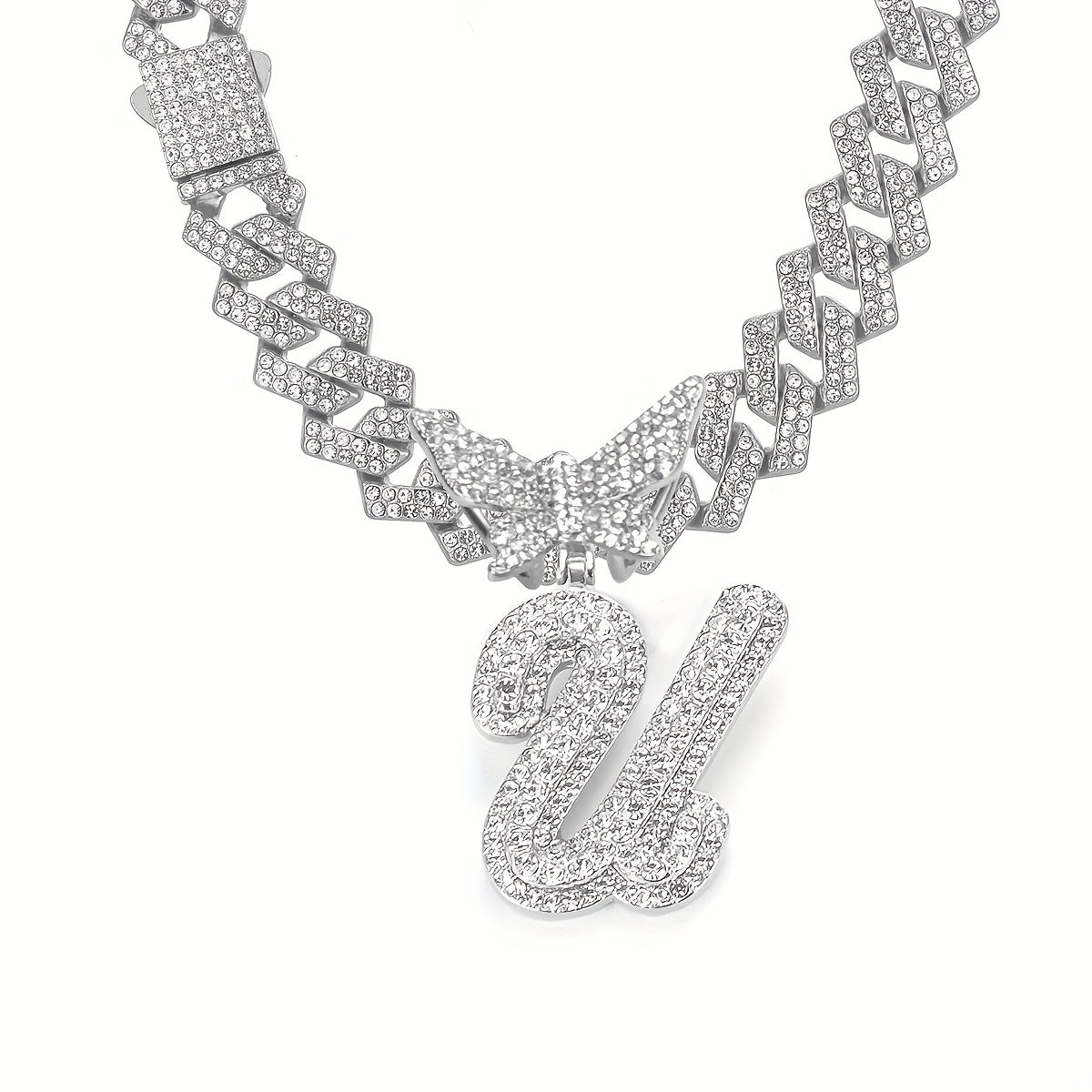 Initial Butterfly Pendant Cuban Link Chain Necklace Iced Out Rhinestone Chain Initial Letter Name Necklace