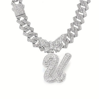Initial Butterfly Pendant Cuban Link Chain Necklace Iced Out Rhinestone Chain Initial Letter Name Necklace