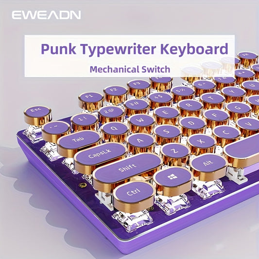 V20 Retro Typewriter Mechanical Gaming Keyboard - Full Size 104 Keys, Purple & Golden Vintage Design, LED Backlit, Pink Switches