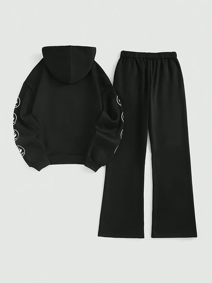 Cozy Star Two-Piece Pantsuit - Women's Long Sleeve HoodSweatie & Drawstring Wide Leg pants with Soft Fabric