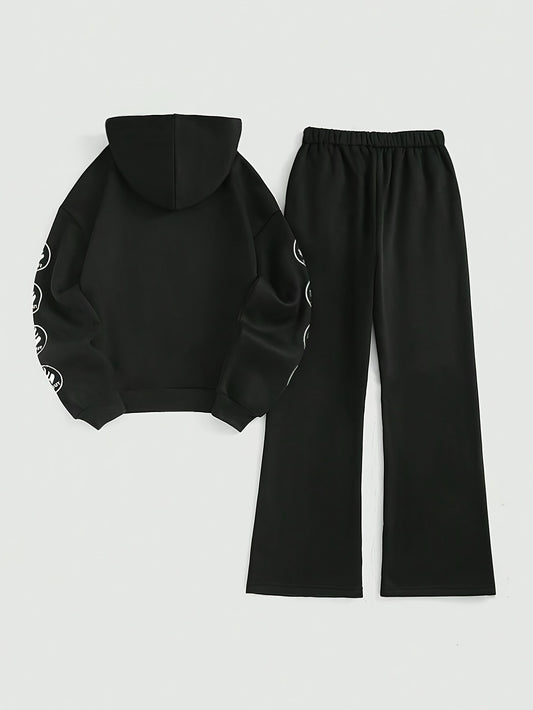 Cozy Star Two-Piece Pantsuit - Women's Long Sleeve HoodSweatie & Drawstring Wide Leg pants with Soft Fabric