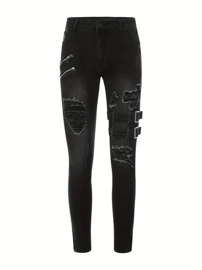 Stretchy Slim Fit Ripped Biker Jeans - Soft, Breathable, Distressed Denim Pants with Elastic Waistband for Men's Casual Street Style Fashion - Perfect for Spring and Fall Seasons