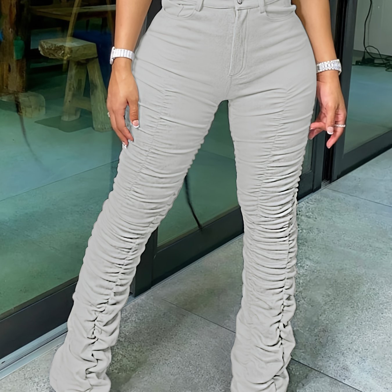 Women's High-Waisted Stretchy Ruched Pants - Light Grey Casual Tapered Leggings