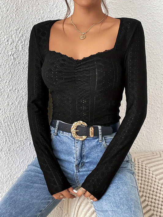 Sweetheart Neck Eyelet T-Shirt - Delicate Lace Trim, Long Sleeve Slim Fit Top