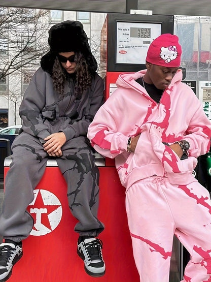 Fashion Designer Couple Men Women Sweatshirt Set Y2K Oversize Full Zip Up  Streetwear Vintage Puff Print Sweatshirts Menswear Oversized