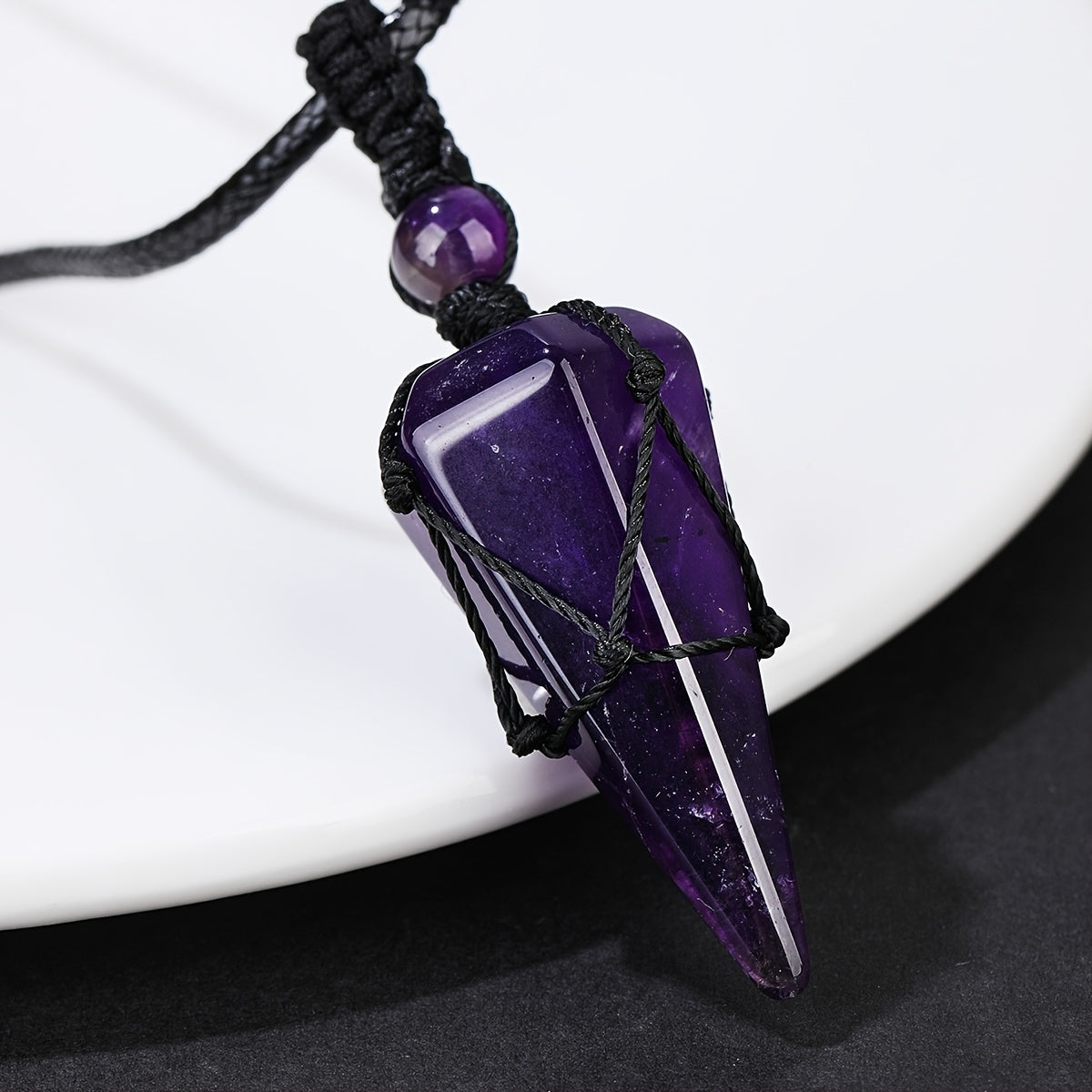 Stylish Men's Natural Amethyst Crystal Hexagonal Cone Pendant Necklace with Braided Rope