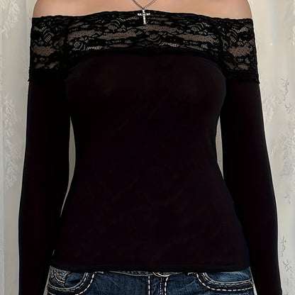 Y2K Elegant Lace Stitching One-Shoulder Fit Long Sleeve Top for Targeted
