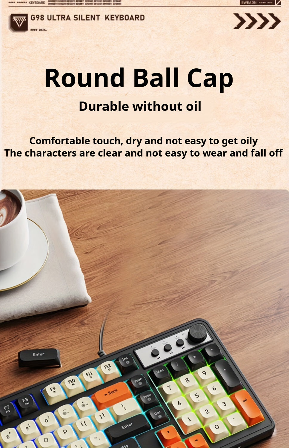 Wired Gaming Keyboard with Rainbow Backlit, Portable Black Keyboard for-98 Keys