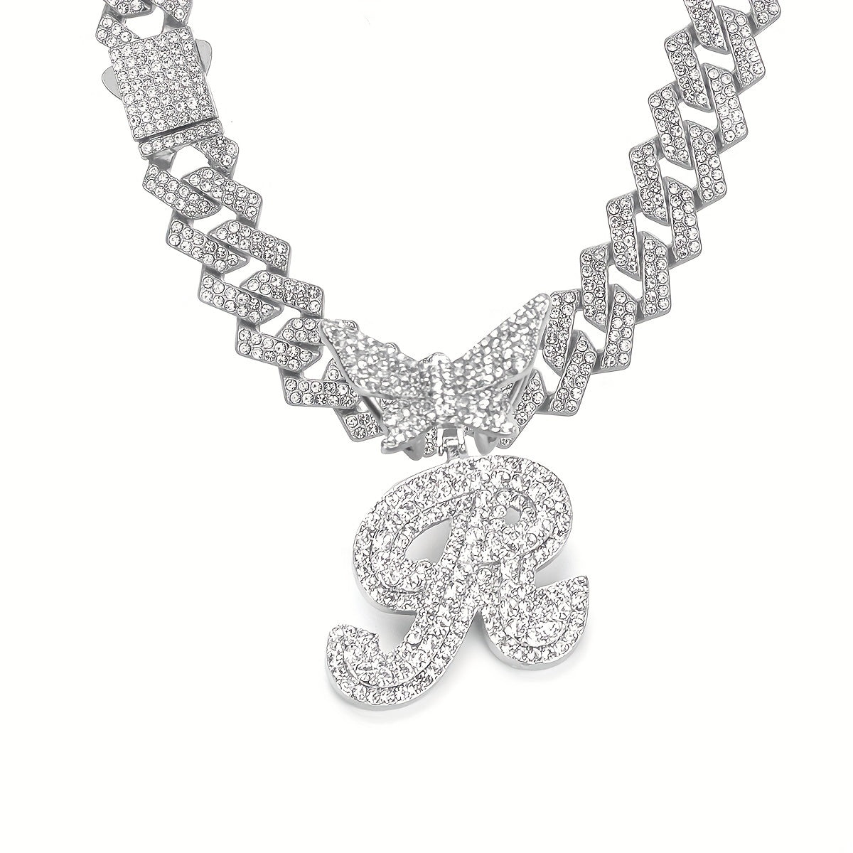Initial Butterfly Pendant Cuban Link Chain Necklace Iced Out Rhinestone Chain Initial Letter Name Necklace