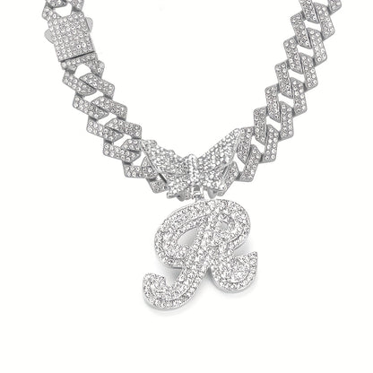 Initial Butterfly Pendant Cuban Link Chain Necklace Iced Out Rhinestone Chain Initial Letter Name Necklace